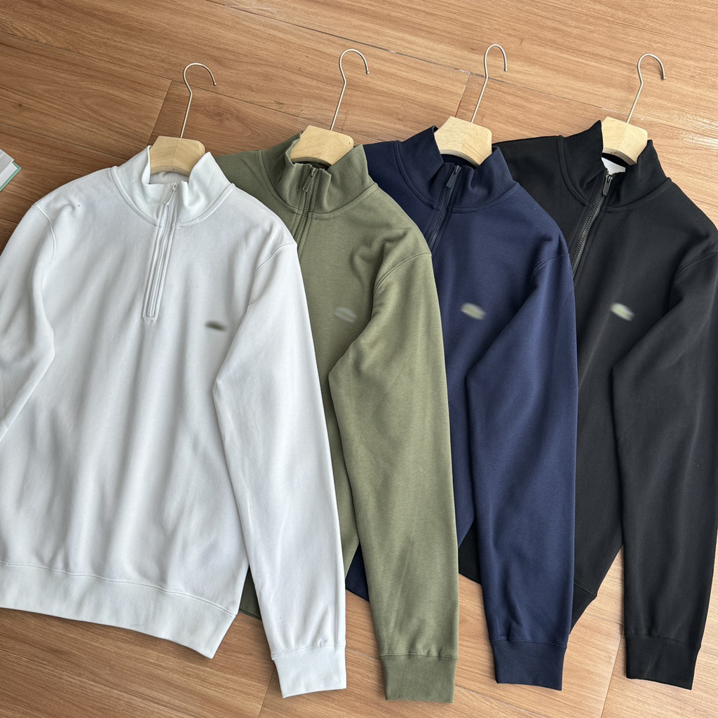 MF9I LACOS* Men's Fashion Stand Collar Solid Color Half-Zip Terry Sweatshirt Versatile Unisex Top