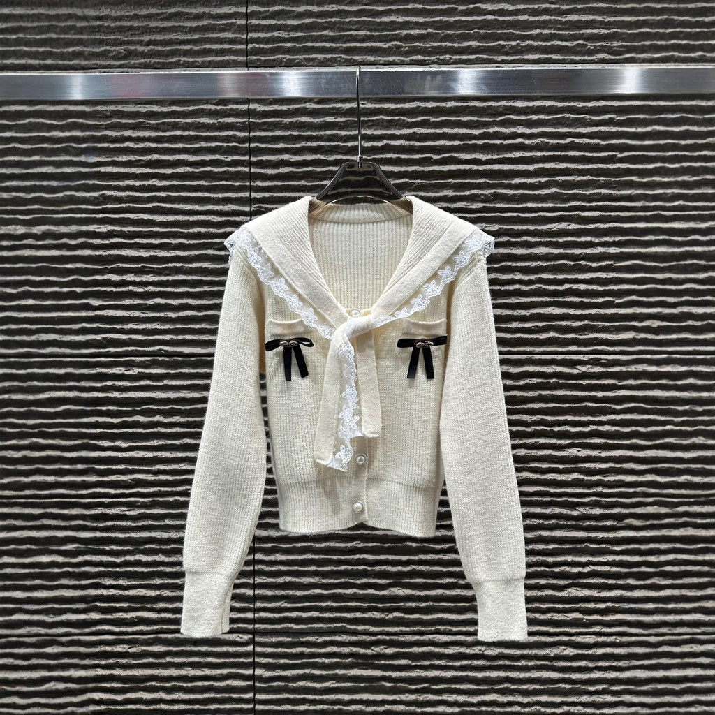 PRB8 มิว ฤดูใบไม้ร่วงฤดูหนาวสไตล์เกาหลีลดอายุลูกไม้เสื้อคาร์ดิแกนถักคอปกสีกรมท่า