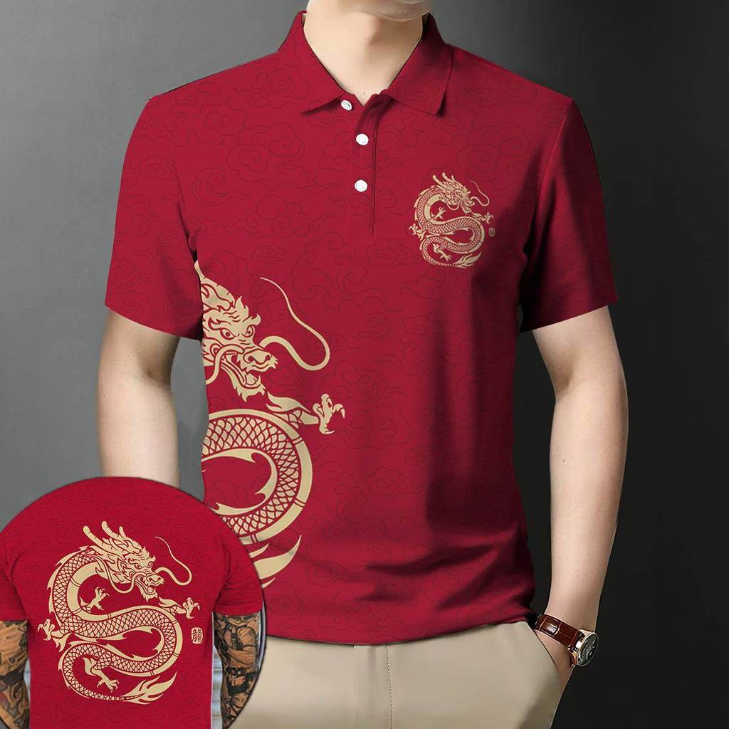 เสื้อโปโลผู้ชายแบบไทยสำหรับตรุษจีน พิมพ์ลายมังกรทองและเมฆ แห้งไว ระบายอากาศดี - รูปที่ 5