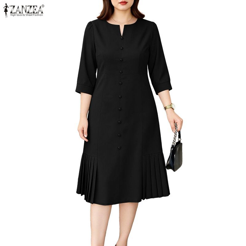 ZANZEA ซานเซiais เดรสสไตล์เกาหลีสำหรับผู้หญิง สีทึบ ออกแบบมาพร้อมปุ่มลูกเรือและคอลำคอม 3/4
