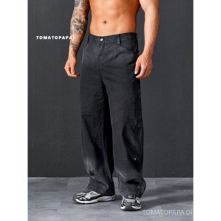 TOMATOPAPA กางเกงขากว้างสไตล์อเมริกันสำหรับผู้ชาย แบบลาย.Gra…