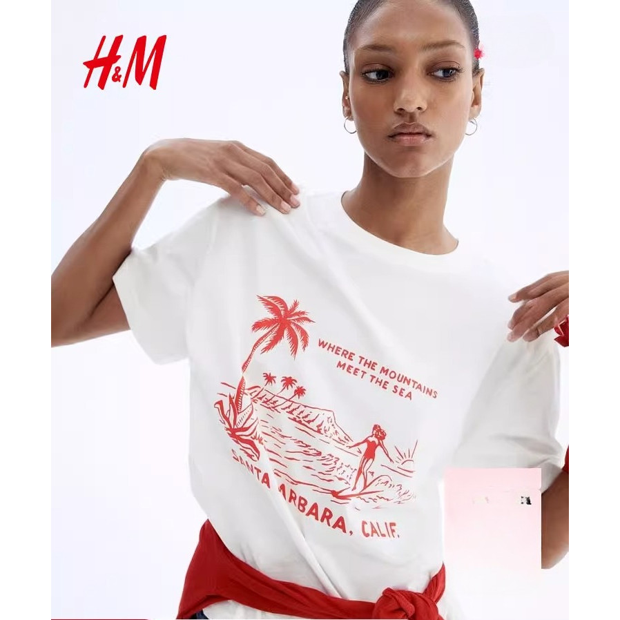 เสื้อยืดผู้หญิง H&M ทรงหลวม สบายๆ สำหรับฤดูใบไม้ผลิ แขนสั้น ราคา ถูกที่สุด ดีลบีเคเค