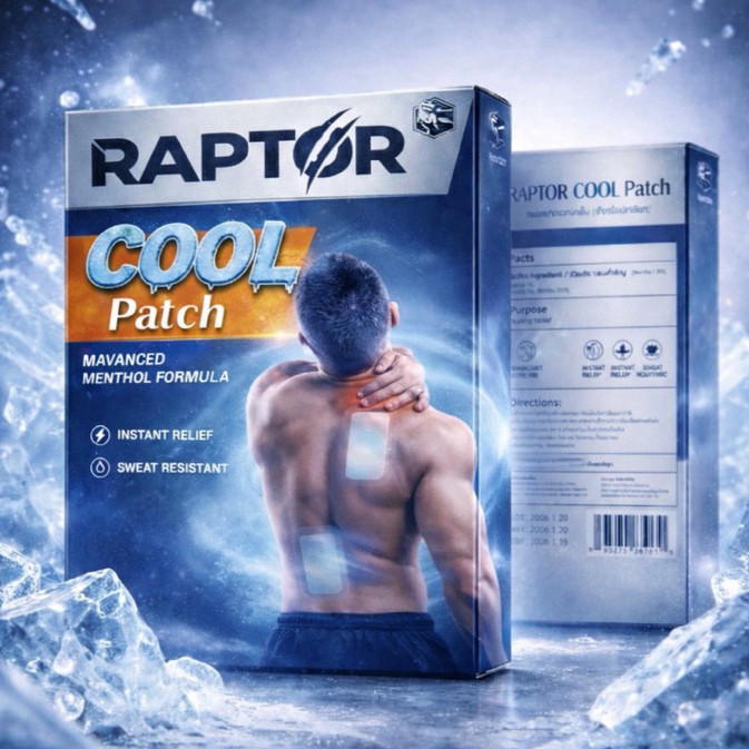 RAPTORแผ่นเจลประคบเย็น แผ่นแปะเย็นสำหรับนักกีฬา 1 กล่อง 6 แผ่น ขนาด 7x10 สูตรใหม่หอมเย็น