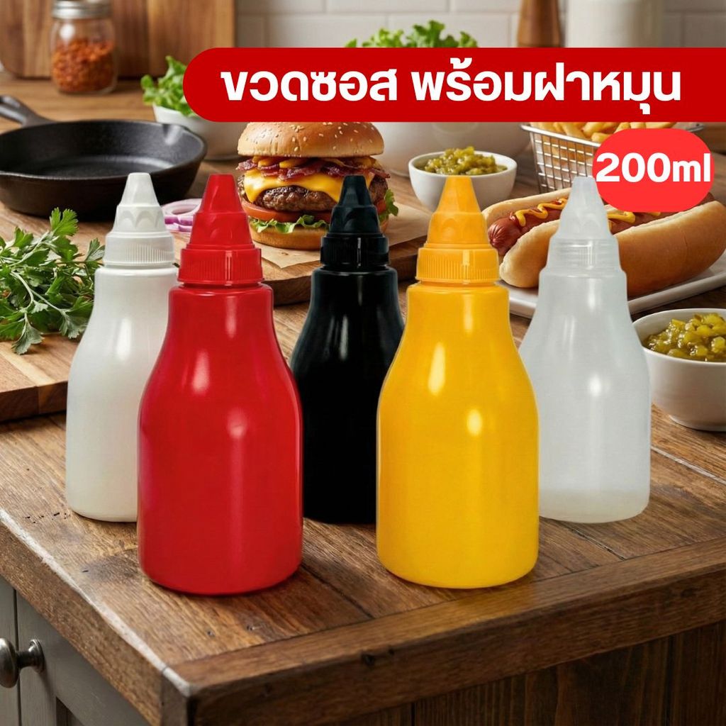 ขวดซอส PP ขวดน้ำจิ้ม ขวดบีบซอส ฝาซอส ทรงเตี้ย ไหล่มน 200ml by innotrend
