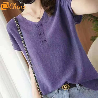 เสื้อแขนสั้นผู้หญิง แบบคล้องคอวี สไตล์เรียบหรู