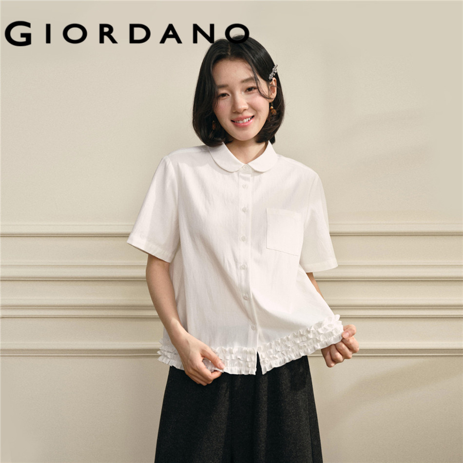 GIORDANO WOMEN Doll collar short sleeve ruffle trims shirt 18346304