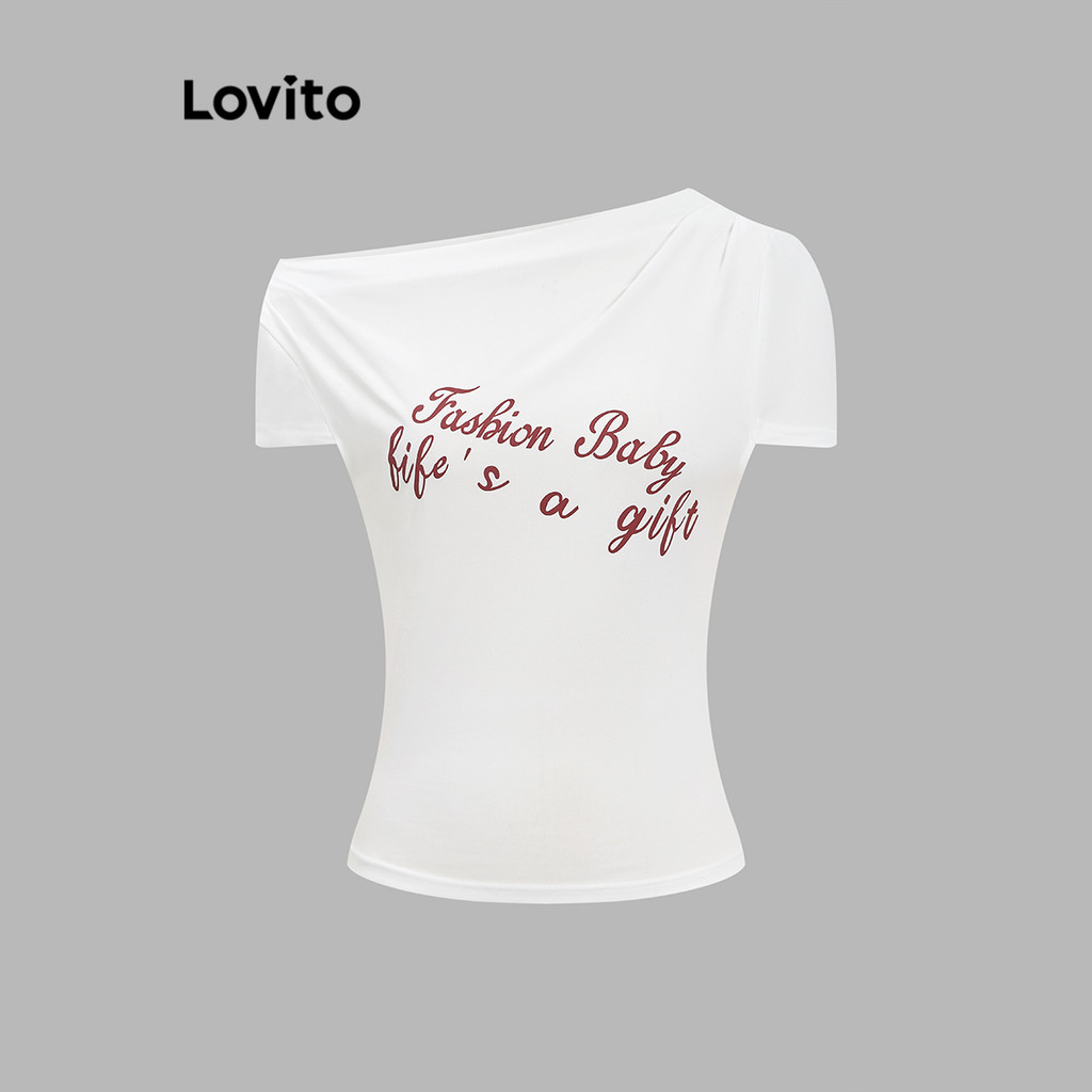 Lovito เสื้อยืดลายตัวอักษรน่ารักไม่สมมาตรสำหรับผู้หญิง L122AD019 - รูปที่ 4