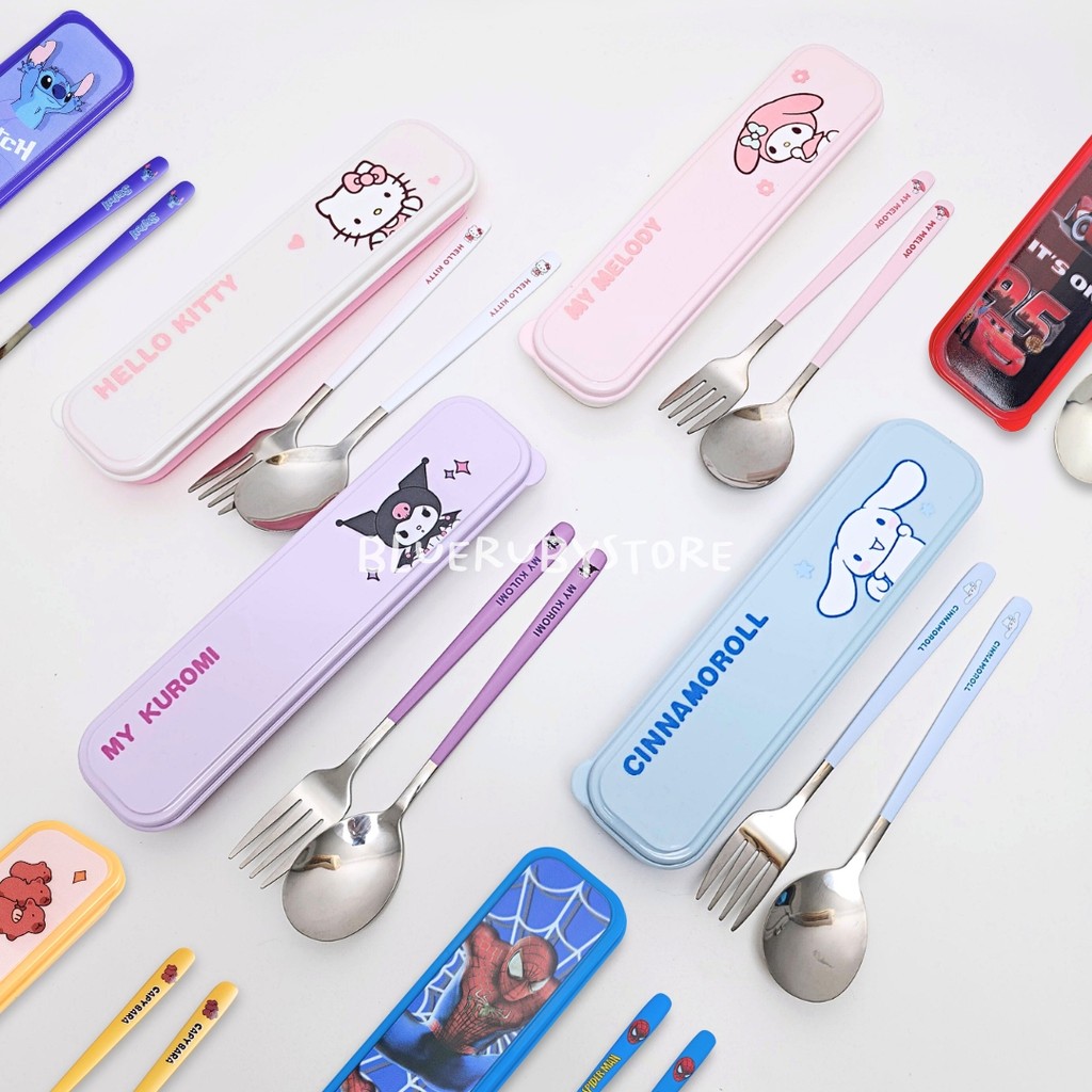 พร้อมส่ง💕 ชุดช้อนส้อมพร้อมกล่อง ลายการ์ตูน ช้อนส้อมพกพา สแตนเลส