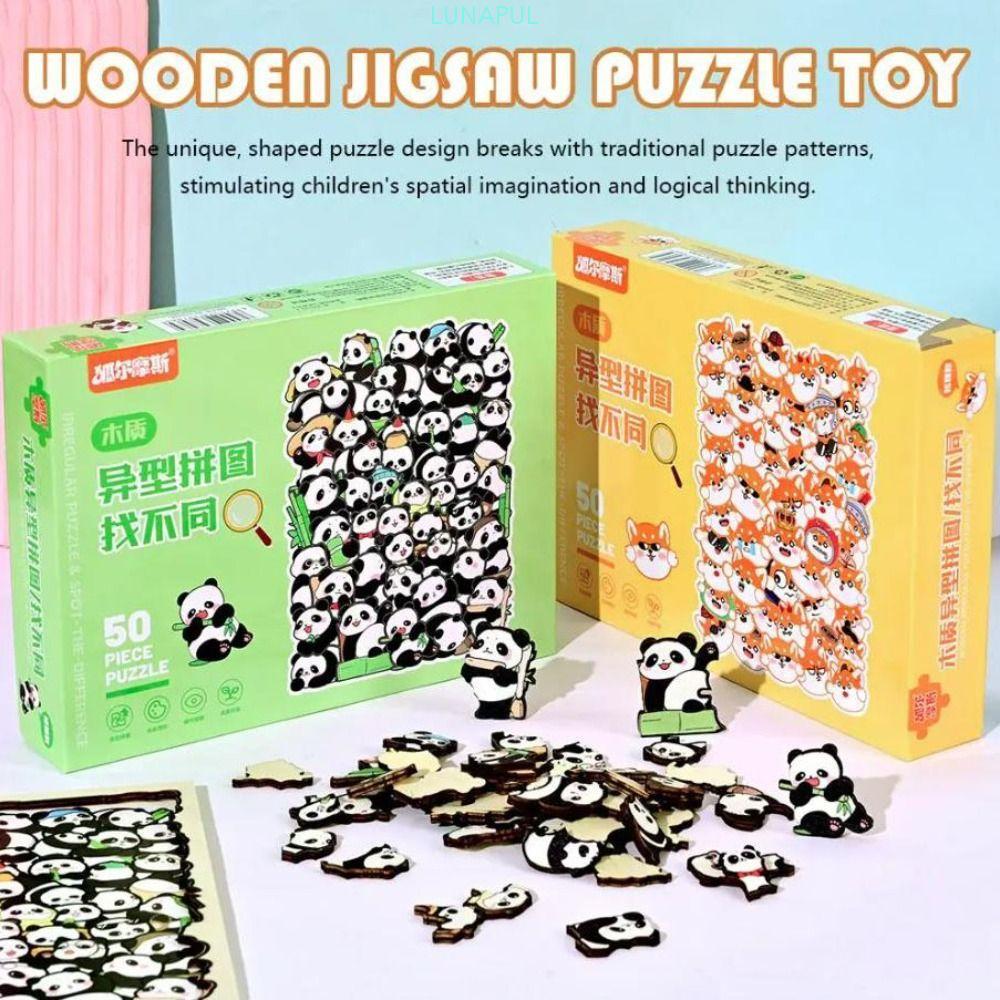 LUNAPUL Animal Cat Jigsaw Puzzles, Panda Wooden Cartoon Shape Puzzles, Table Games Bear Pig Irregula