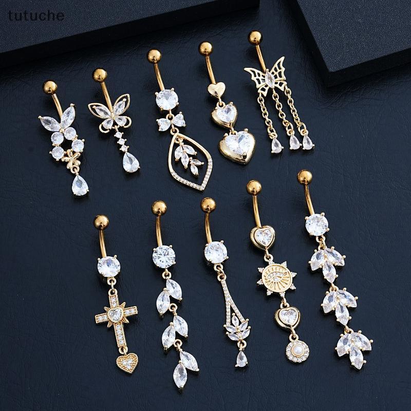 Tutu แฟชั่นคริสตัลเพทาย Waterdrop จี้ปุ่มท้องแหวนผีเสื้อ Navel เจาะสําหรับผู้หญิง Beach Body เครื่อง