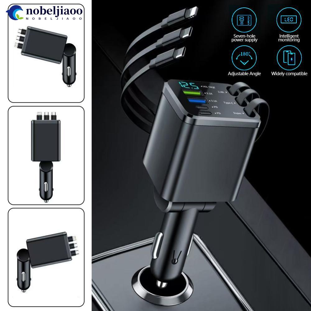 NOBELJIAOO 7-in-1 Retractable Car Charger Fast Charging USB Type-C Power Adapter พร้อมสาย LED Retrac