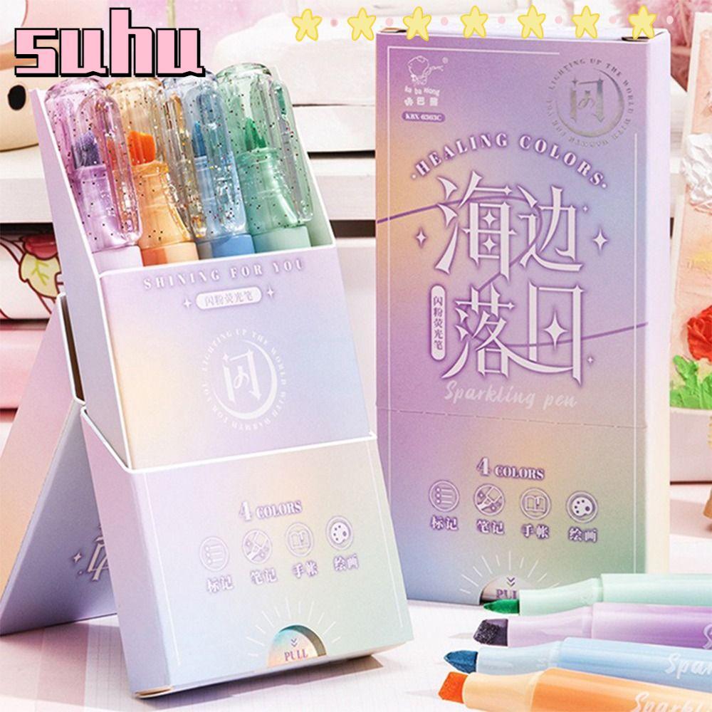 SUHUHD 4PCs/ชุดปากกาไฮไลท์เงา,Glitter Oblique Tip Fluorescent Pen, Creative Eye Protection Hand Acco