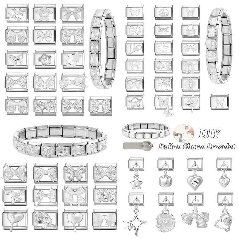 ฐานเงินลิงค์แพทช์สไตล์อิตาเลียนสำหรับสร้อยข้อมือ 9 มม., อุปกรณ์เสริม DIY แบบคลาสสิก พร้อมลายผีเสื้อกับดอกไม้