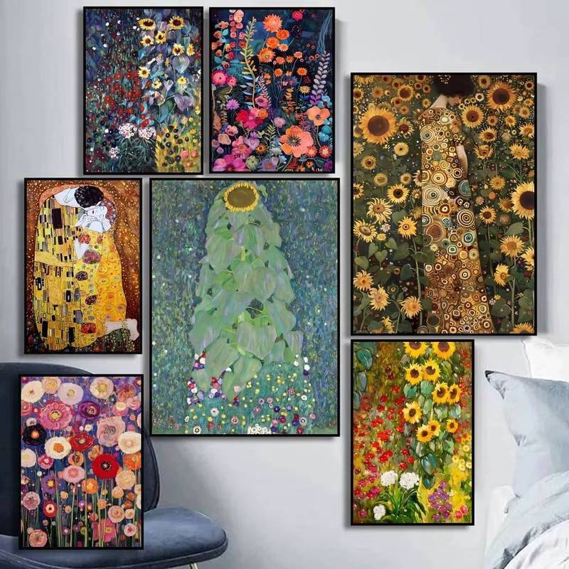 Gustav Klimt ดอกไม้ผ้าใบ Wall Art สําหรับ Cafe Bar Room ตกแต่งบ้าน