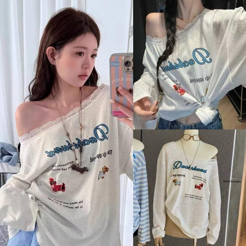 BY0293 เสื้อปาดไหล่1ข้าง ผ้าคอตตอนซีทรู ปักลาย benly co