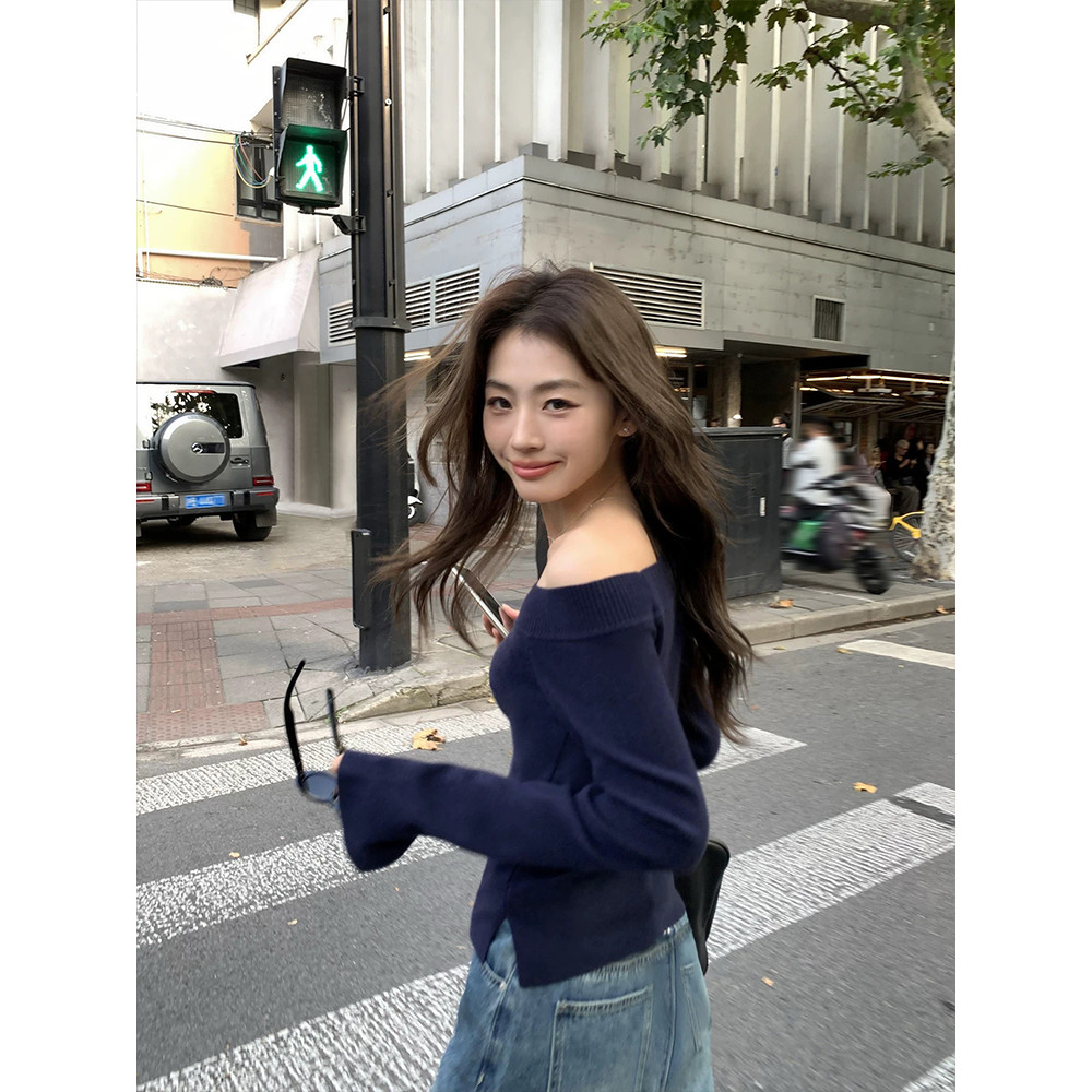 <Moses Queen> เสื้อไหมพรมแขนยาวสีดำสไตล์เกาหลี เปิดไหล่ เหมาะสำหรับการสวมทับในฤดูใบไม้ร่วงและฤดูหนาว ช่วยให้ดูผอมเพรียวและเข้ารูป ราคา ถูกที่สุด ดีลบีเคเค แกลเลอรีภาพที่ 3