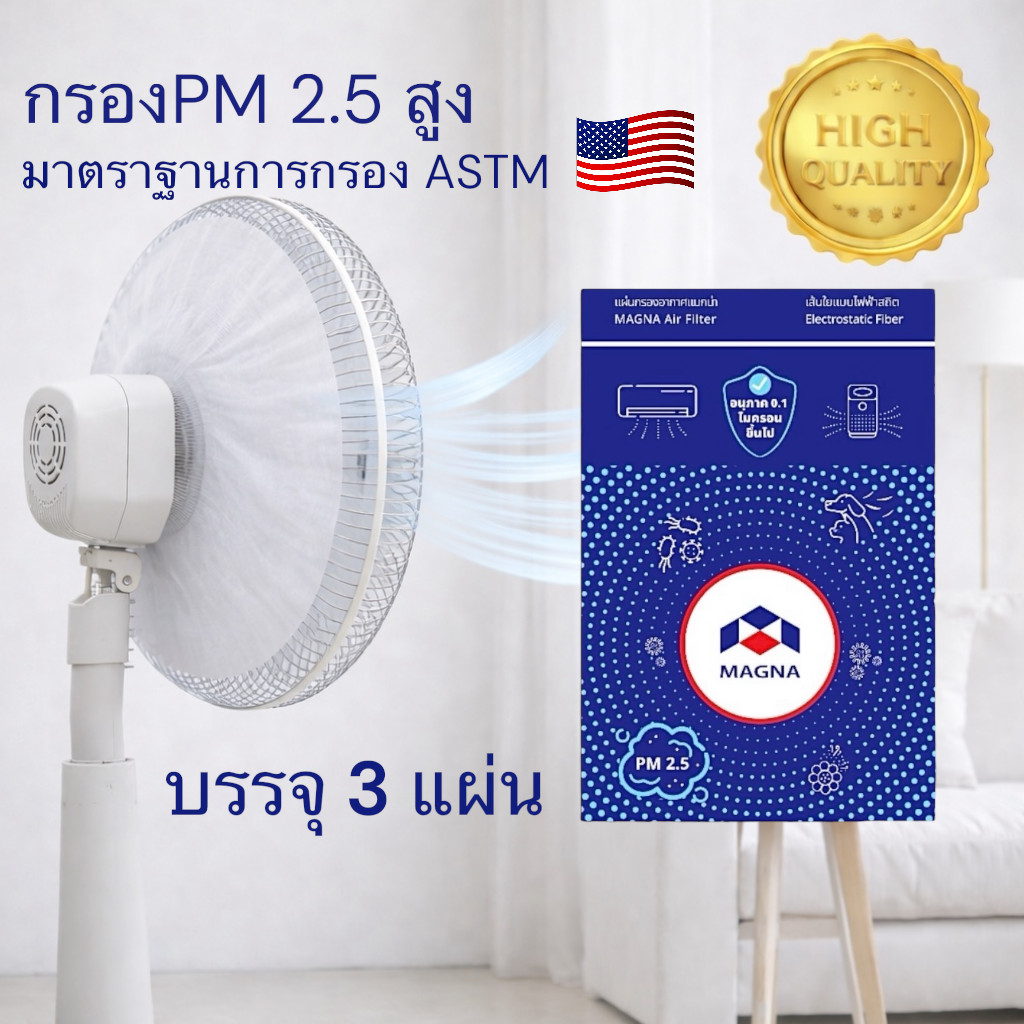 [มาตรฐาน USA] แมกน่า แผ่นกรองฝุ่น PM 2.5 กรองฝุ่นพัดลม แผ่นดักจับฝุ่น แผ่นกรองอากาศ ฟิลเตอร์กรองฝุ่น MAGNA Air Filter...