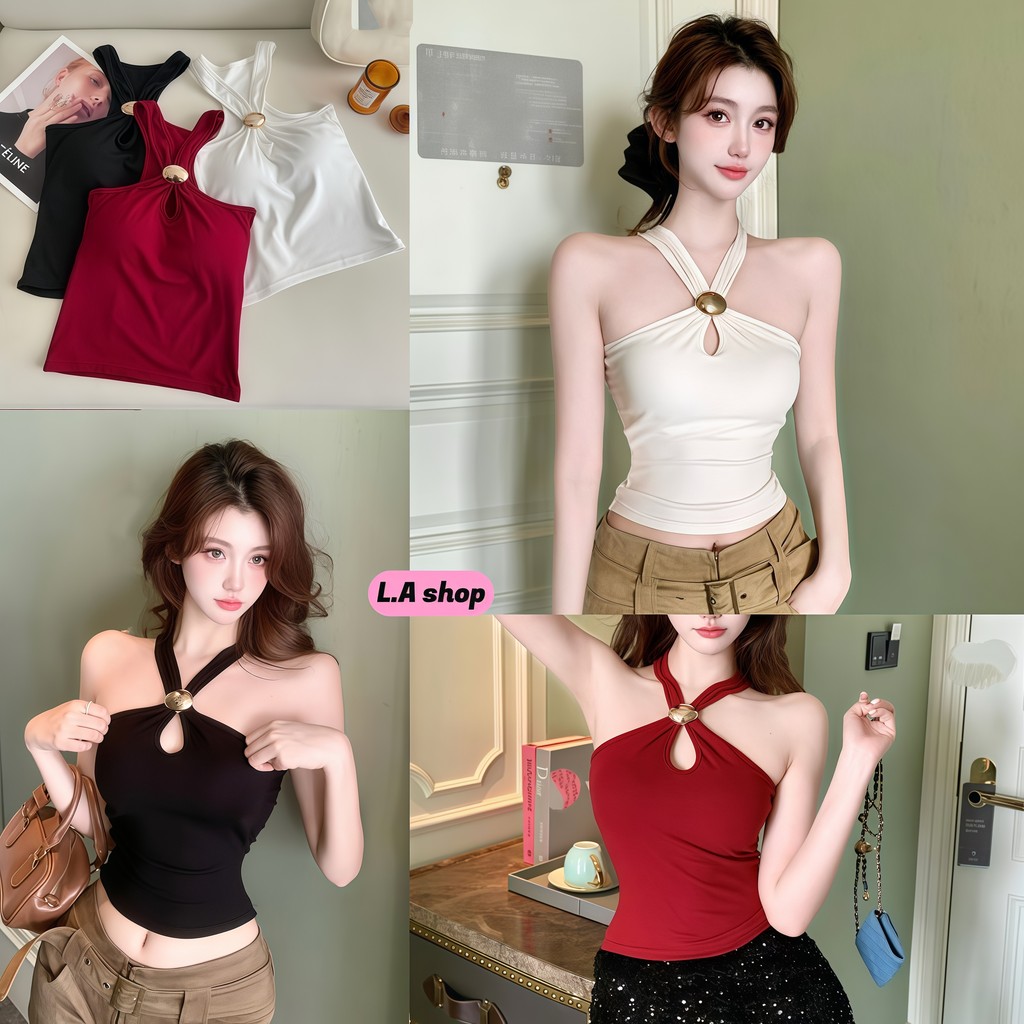 L.A Shop★เสื้อคุณภาพดี เสื้อแขนกุด เสื้อครอป ดีไซน์คล้องคอ ทรงรัดพอดี สไตล์เซ็กซี่สาวร้อน -FY2902#1