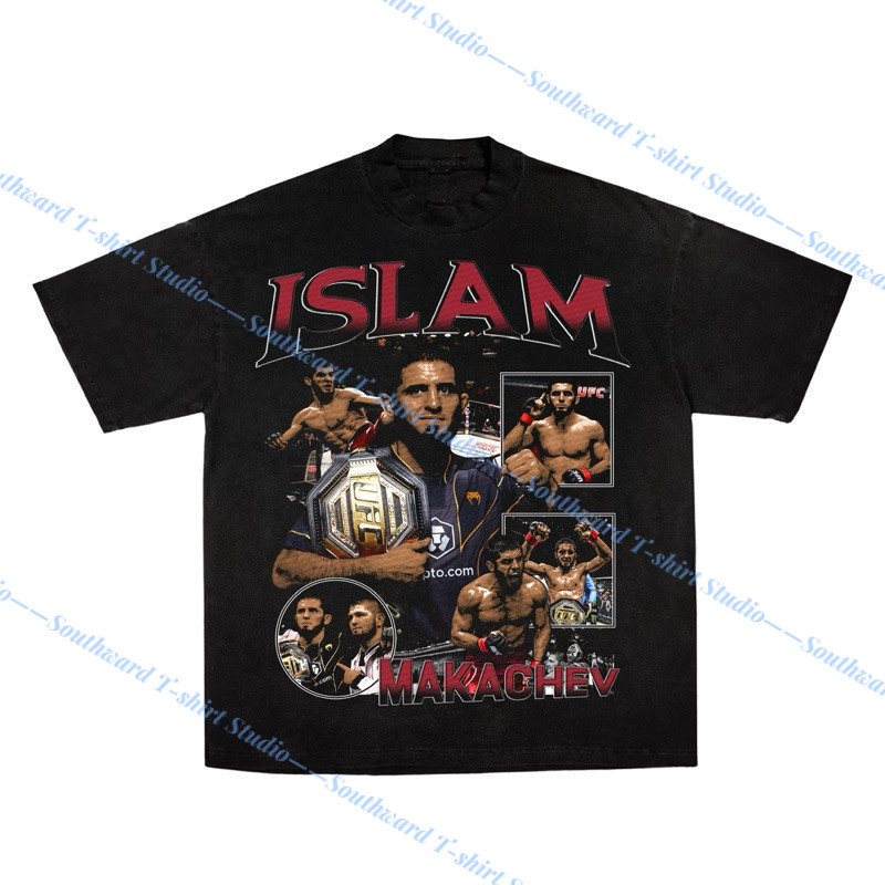 【พร้อมส่ง】เสื้อยืด Islam Makhachev UFC Vintage Bootleg สไตล์ Oversize ผ้า Cotton Combed 20s สีดำพรีเ