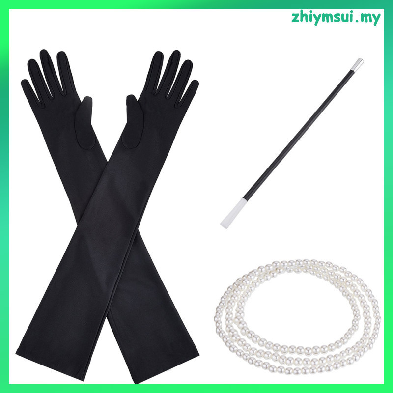 1920 S เครื่องแต่งกายสร้อยคอ Vintage Flapper ถุงมือสีดําผู้หญิงแต่งตัวอุปกรณ์เสริม 51.00X9.00X0.50CM