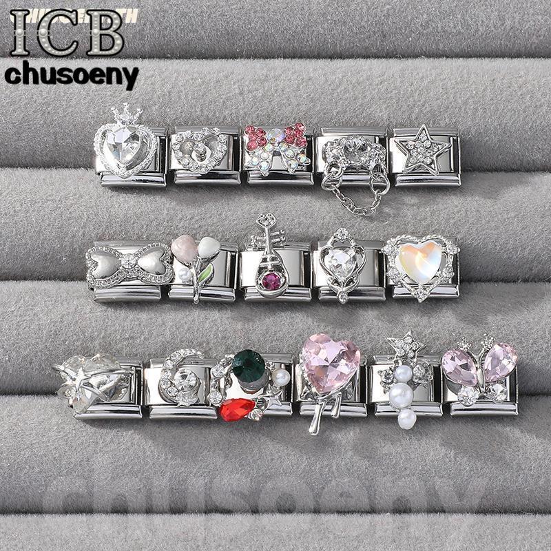 สร้อยข้อมือสแตนเลส กว้าง 9 มิลลิเมตร มาพร้อมเพชรสีสันในรูปแบบหัวใจสไตล์อิตาลี เครื่องประดับเสริมบุคลิกภาพ