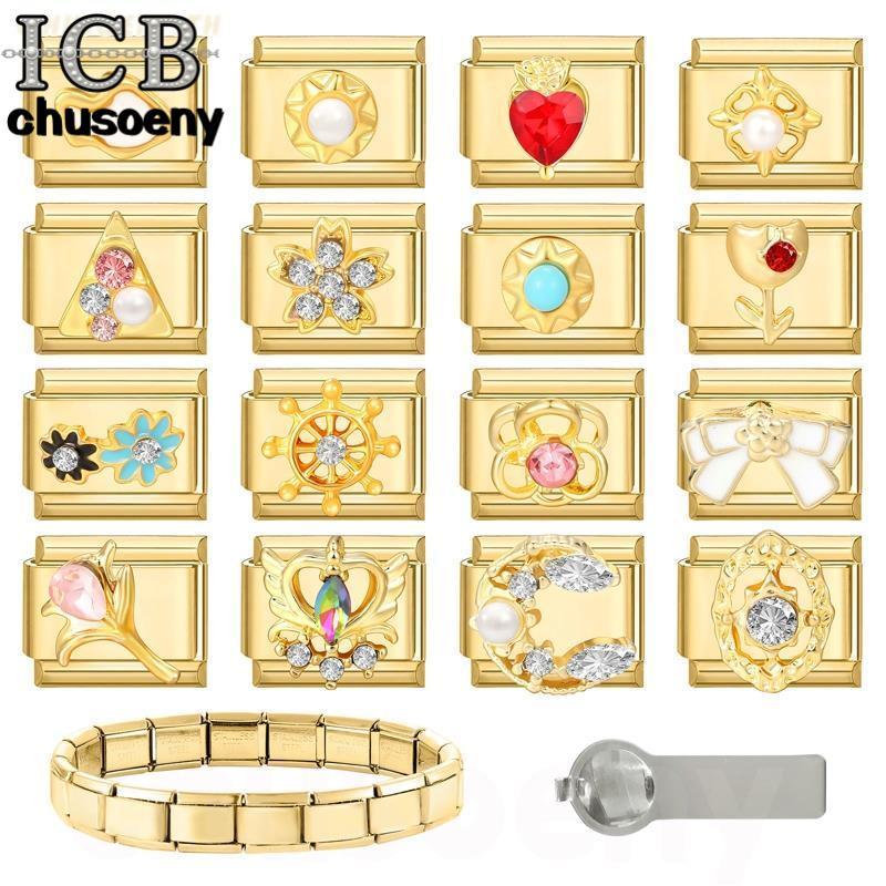 สร้อยข้อมือสแตนเลส Golden Patch เพชรดอกไม้อิตาเลียน ขนาด 9 มม. เหมาะสำหรับทำเป็นเครื่องประดับและตกแต่ง