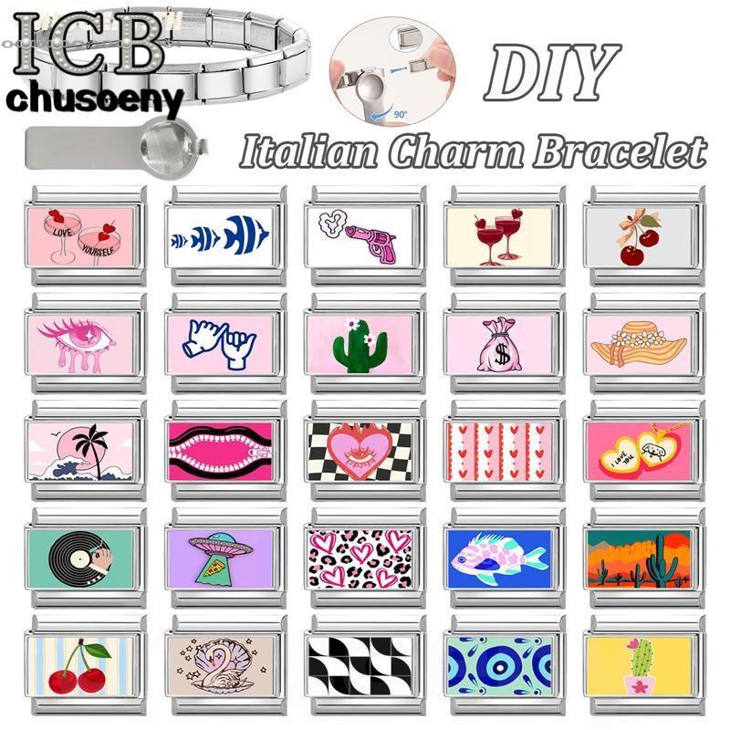 สร้อยข้อมือสแตนเลส DIY สไตล์charmหัวใจอิตาเลียน สีชมพู ขนาด9มม. เพิ่มความสวยงามให้คุณ