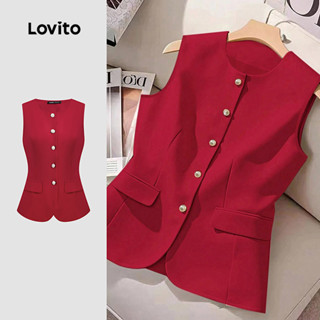 Lovito เสื้อเชิ้ตผู้หญิงสีแดง กระดุมหน้า สไตล์ฤดูใบไม้ผลิ/ฤด…