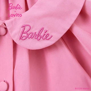 Barbie™ X Lovito Kids เดรสสีชมพูฤดูใบไม้ผลิ/ฤดูร้อน ลายปักหัวใจ ติดกระดุม สําหรับเด็กหญิง เกาหลี อินเทรนด์ DRBL2PAD004