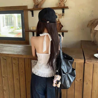 Pure Desire ลูกไม้สีขาว Halter Top ฤดูร้อนสไตล์เกาหลีหวานเผ็ดเฉพาะ Camisole