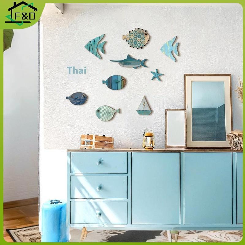 F&O 10 ชิ้น/เซ็ต Fish Wall Decor ไม้ปลาแขวน Beach Theme ห้องน้ํา Art Nautical Coastal Ocean ตกแต่งบ้