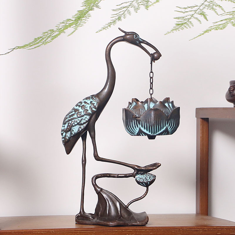 สําริดโบราณแขวน Lotus ธูป Burner Zen พิธีชงชา Crane Backflow ธูป Burner ในครัวเรือน Study ไม้จันทน์ 