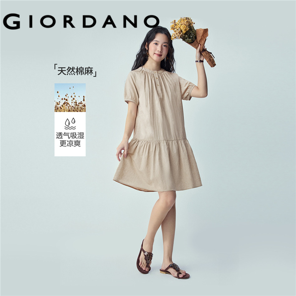 GIORDANO WOMEN Cotton linen puff sleeve midi dress 05466070