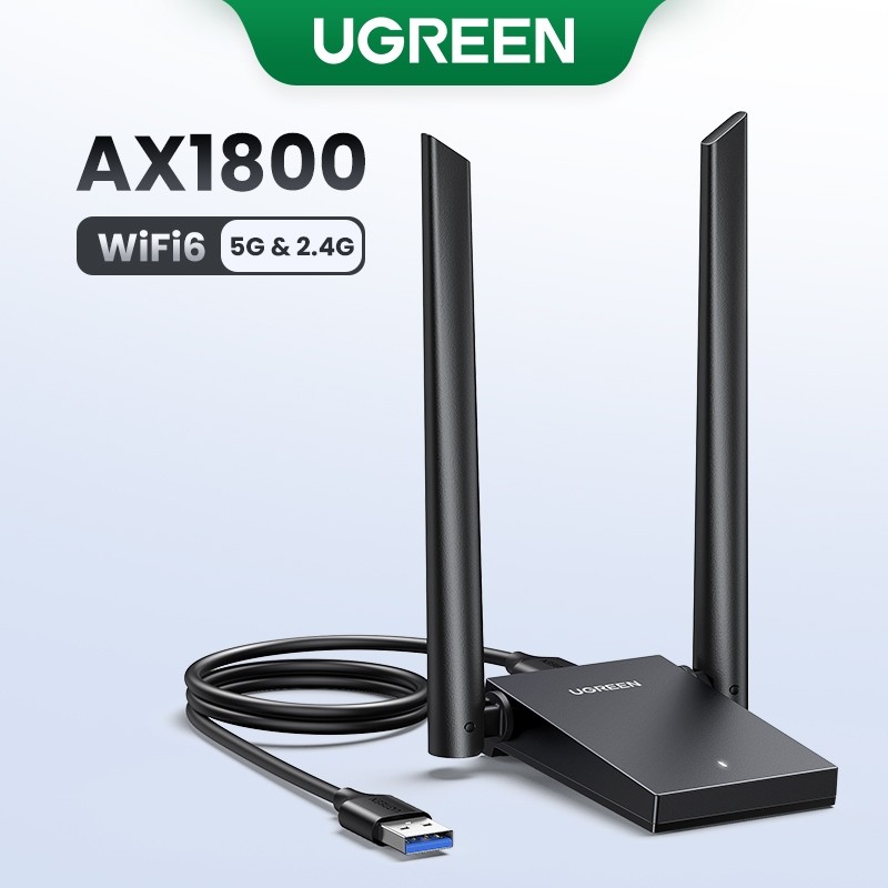 UGREEN AX1800 การ์ดเครือข่ายไร้สายภายนอก, เสาอากาศคู่ 5dBi, ดูอัลแบนด์ 2.4G/5GHz, รองรับ USB3.0, สํา