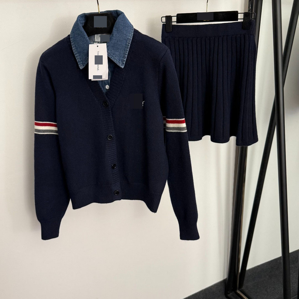 Thombrowne Casual Age-Reduction Preppy Style Suit Denim Stitching Lapel คาร์ดิแกนถักแขนยาวสั้น S