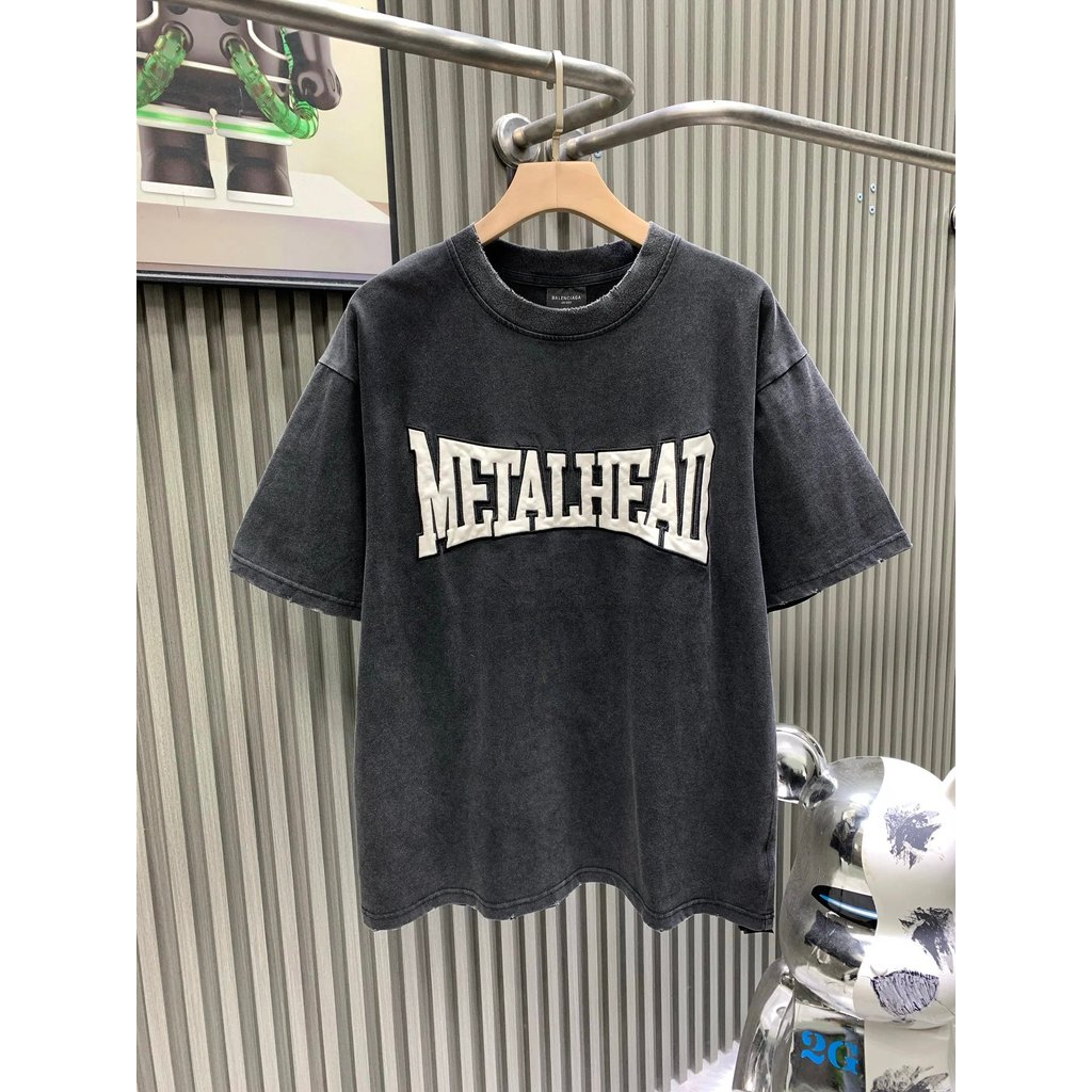 Balenciaga 26SS Top Chest Letter Patch โลโก้ Retro ล้าง Distressed Casual อินเทรนด์ All-Match รอบคอแ