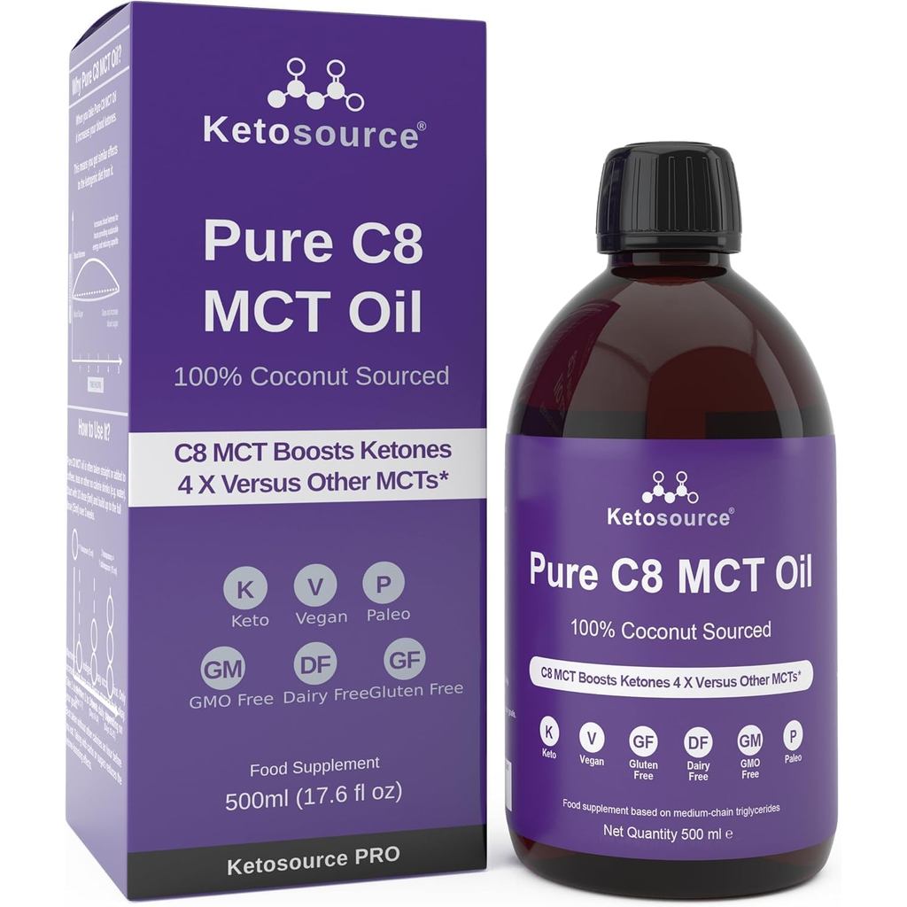 น้ำมัน C8 MCT บริสุทธิ์ 99%+ จากมะพร้าว 100%, เพิ่มคีโตน 4X กว่า MCT อื่น ๆ, เหมาะสำหรับการควบคุมอาห