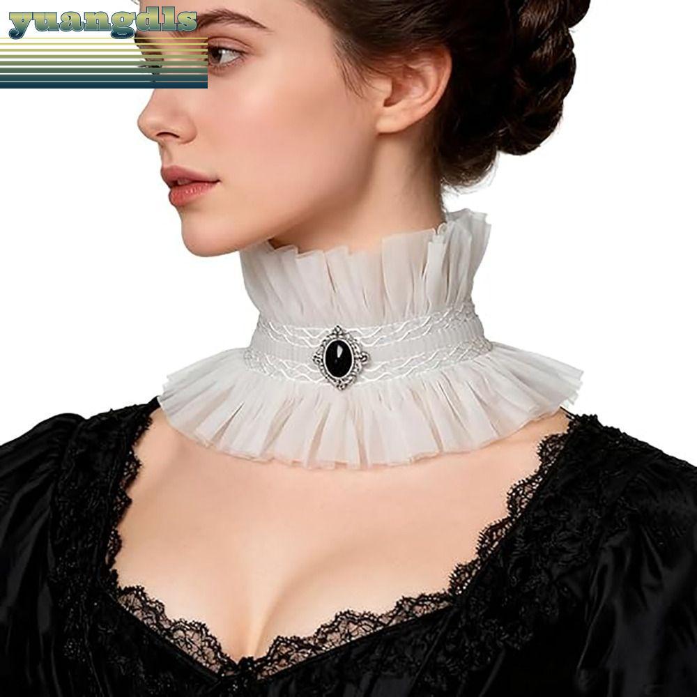 YUANG Gothic Collar, Ruffle สีดําสีขาวลูกไม้ Jabot Collar, เครื่องประดับคอ Victorian สไตล์อัญมณีตกแต