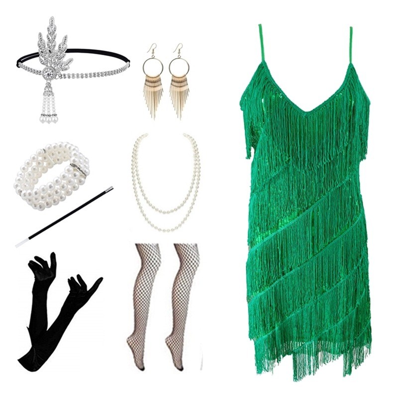 1920V คอแขนกุด Retro Beaded Sequined Dress จัดเลี้ยง Fringed Dress Dress