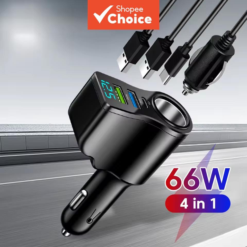 จอแสดงผลดิจิตอล 66W Car Fast Charger 4-in-1 อะแดปเตอร์โทรศัพท์อเนกประสงค์