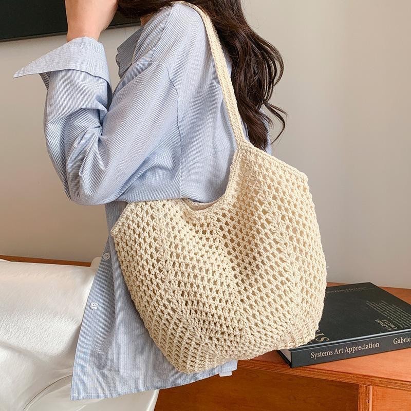 Lazy Tote Beach กระเป๋าสะพายฟาง Handmade ความจุขนาดใหญ่วันหยุดทอ Hollow Lazy Tote Leisure Beach กระเ