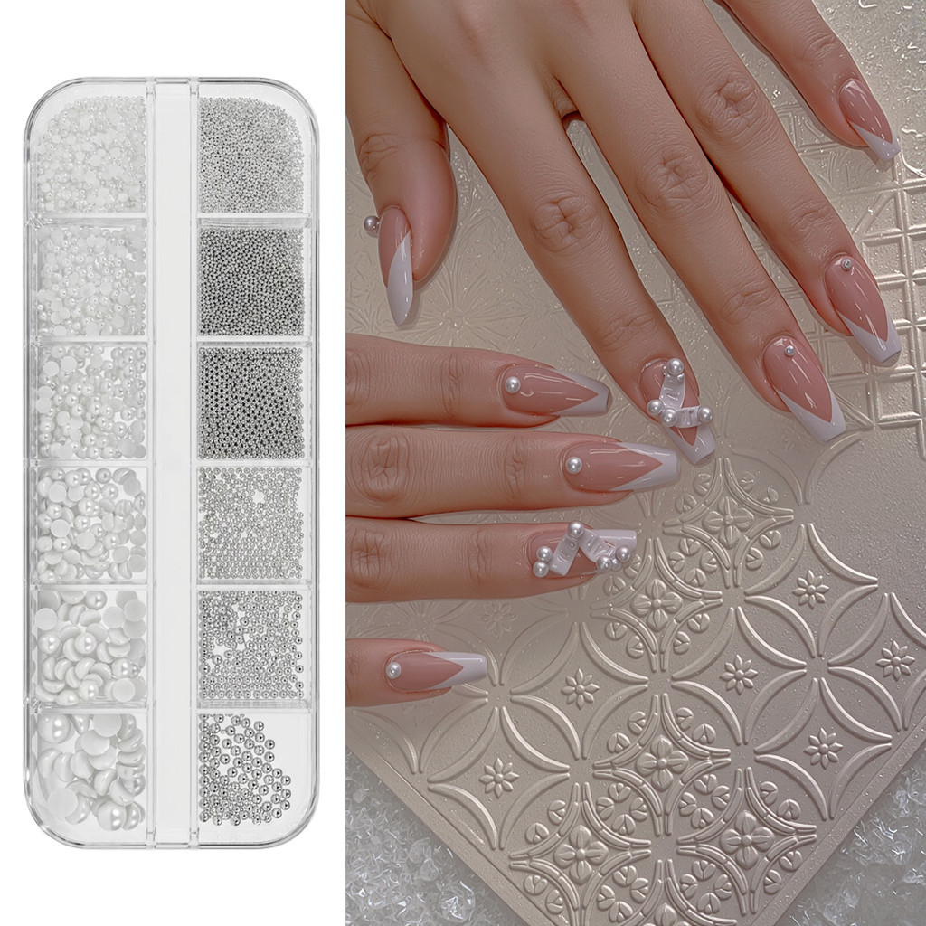 Moziur ไข่มุกติดเล็บมินิ ฐานแบน คละขนาด 12 ช่อง ฐานแบน อะไหล่เล็บ Nail Art