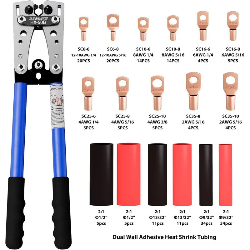 Professional แบตเตอรี่สาย Lug Crimping ชุดเครื่องมือสําหรับ AWG 8-1/0 ลวด, รวม Terminals & ความร้อนห