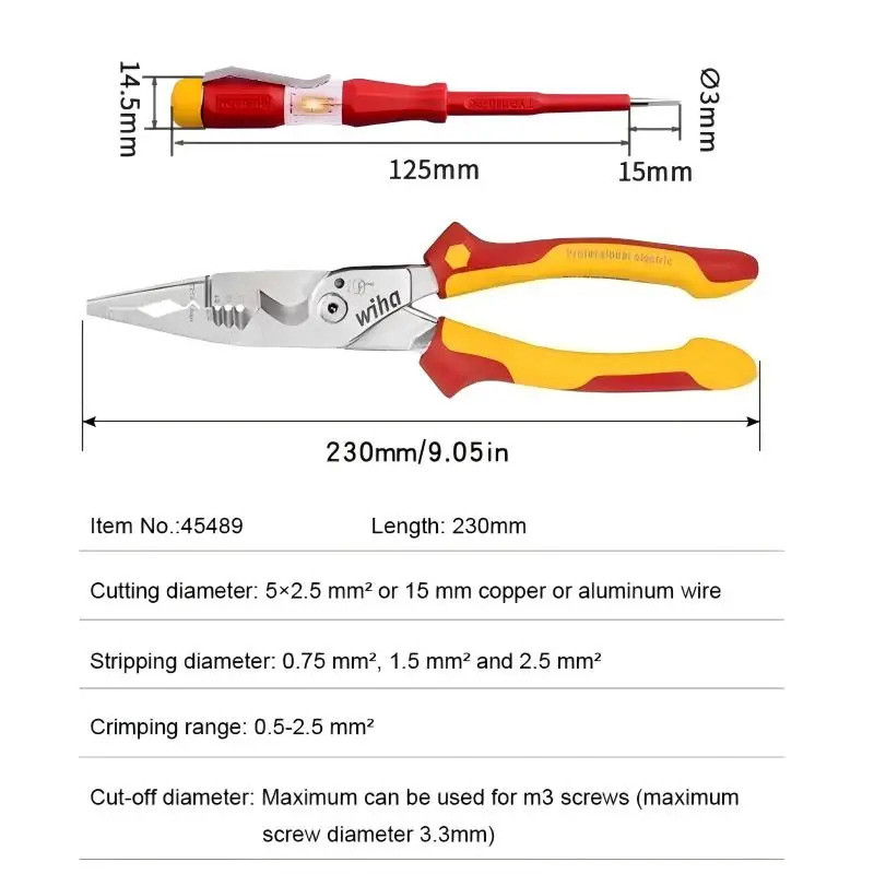 WIHA 45489 8-in-1 ฉนวน 1000V VDE คีม - Pro ช่างไฟฟ้าลวด Stripper เครื่องตัด + ฟรีปากกาทดสอบ