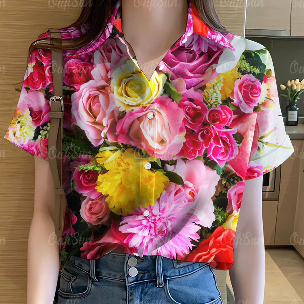 เสื้อแขนสั้นพิมพ์ลายดอกไม้แบบโอเวอร์ไซส์สำหรับผู้หญิง สไตล์เรโทร trend ในปี 2025