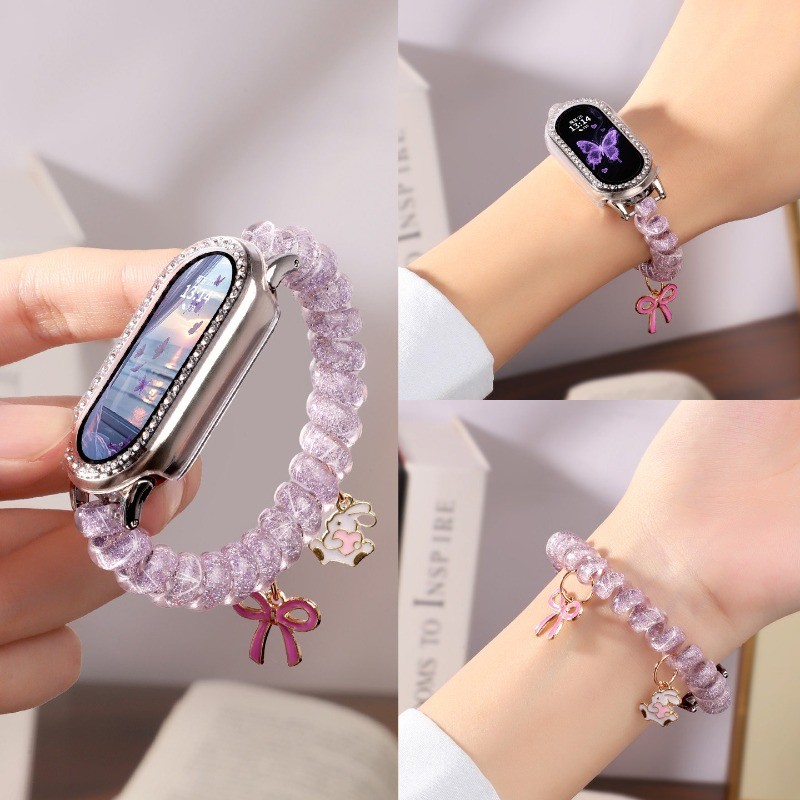สายคล้องโทรศัพท์ประดับกลิตเตอร์วิบวับสำหรับ Xiaomi Mi Band 10 9 8 7 6 สายรัดข้อมือสีลูกกวาดน่ารัก พร้อมเคสสำหรับ MiBand 10 9 8 7 6 5 4 3