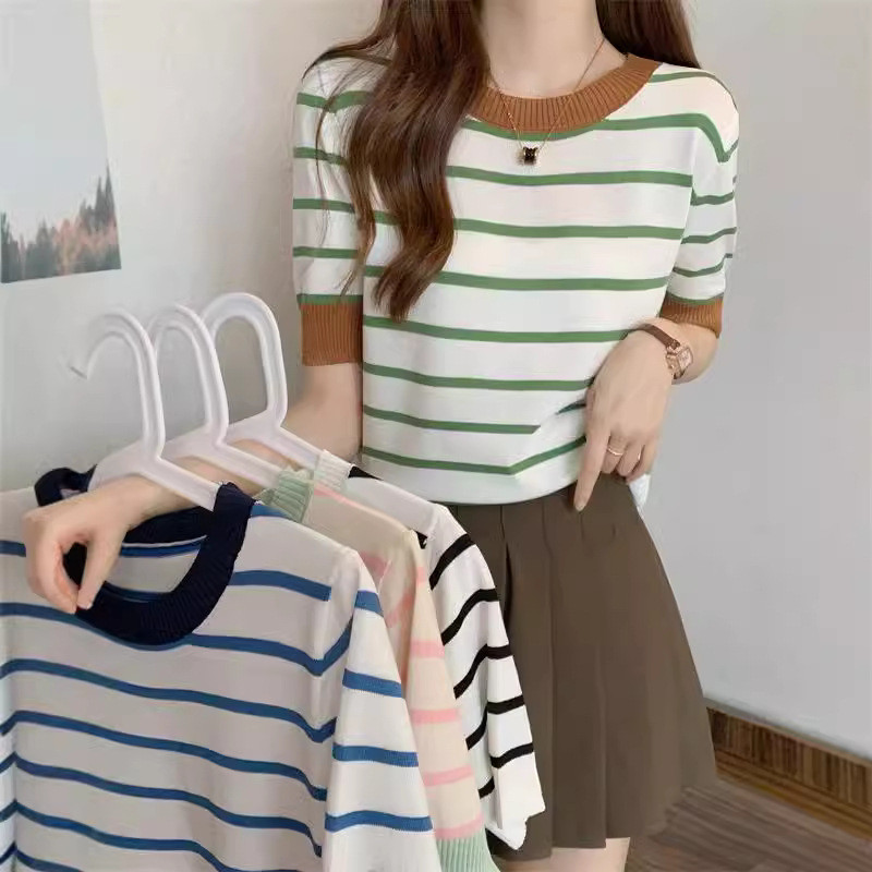 ฤดูร้อนผู้หญิงด้านบนสีลายอ่อนโยนเกาหลีแขนสั้นถักสบายๆฤดูใบไม้ผลิหลวมชนรอบคอรุ่นใหม่ทวิ2024เกาหลีเสื้