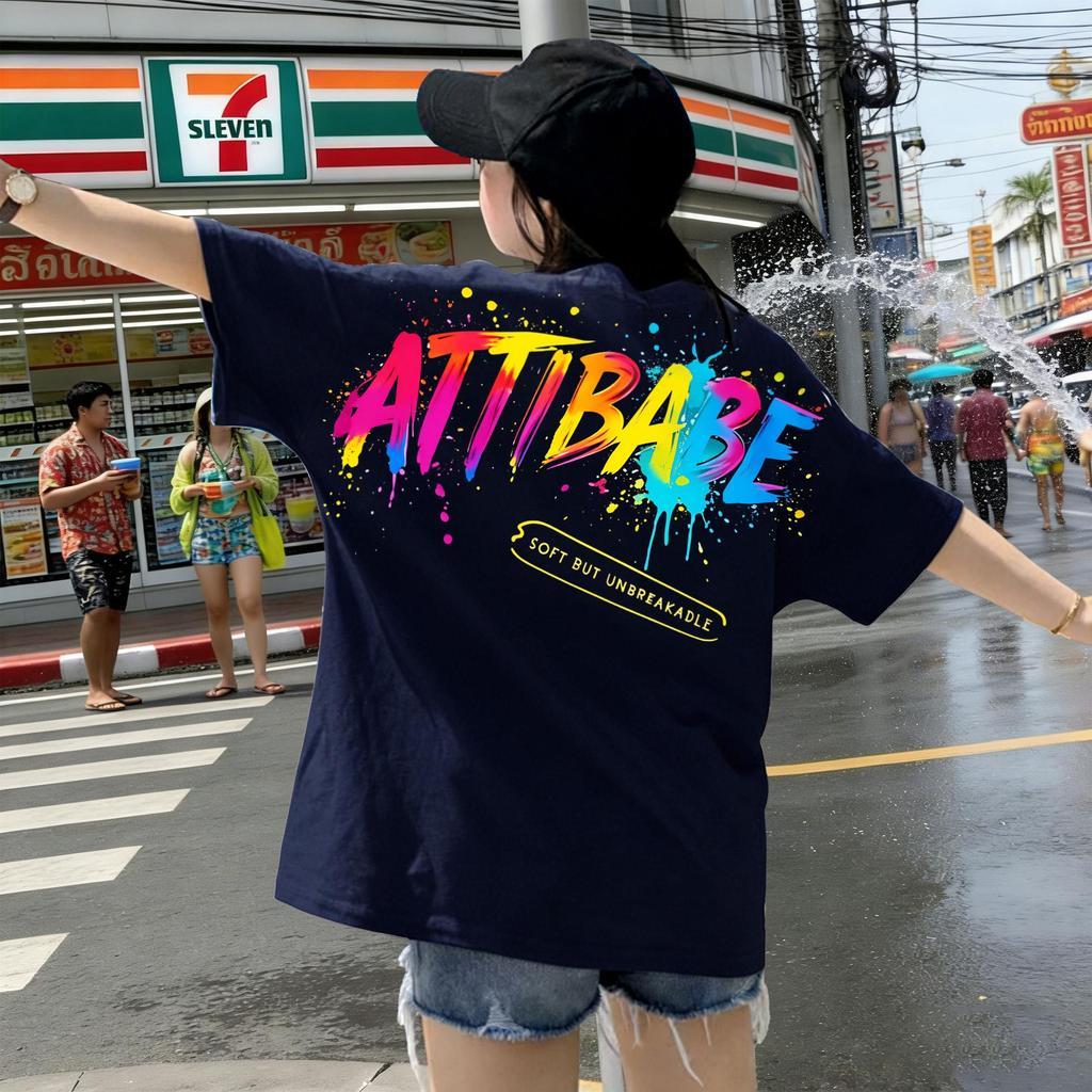 Sea.Tee [COD] เสื้อยืด oversize cotton100% เสื้อแฟชั่น คอกลม แขนสั้น พิมพ์ลาย 'ATTIBABE' สไตล์ลำลอง ใส่สบาย S-3XL