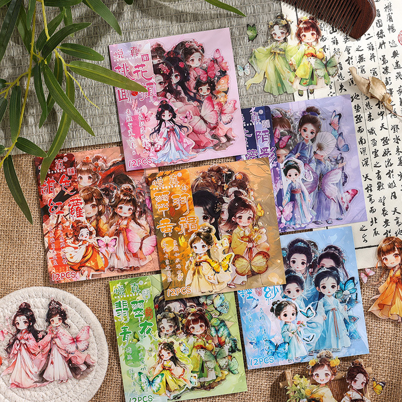 สติ๊กเกอร์แพ็ค Lanzhi Beauty Series คู่มือตัวอักษรโบราณ DIY วัสดุสติ๊กเกอร์ตกแต่ง 12 แผ่นใน 6 รูปแบบ