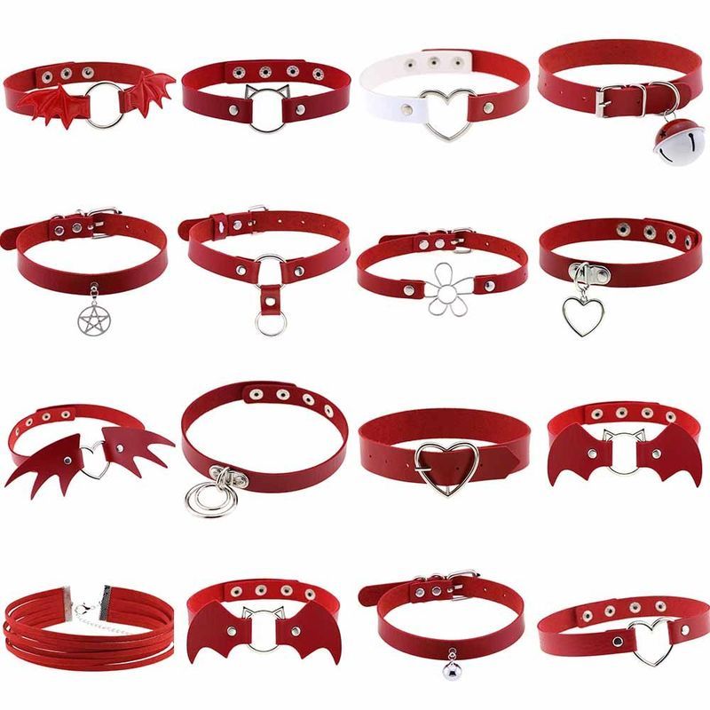 Hot Girl ปลอกคอหนังสีแดง Gothic Rock Girl Hip Hop choker Rivet Cross Bell Asian Culture สร้อยคอ pap0